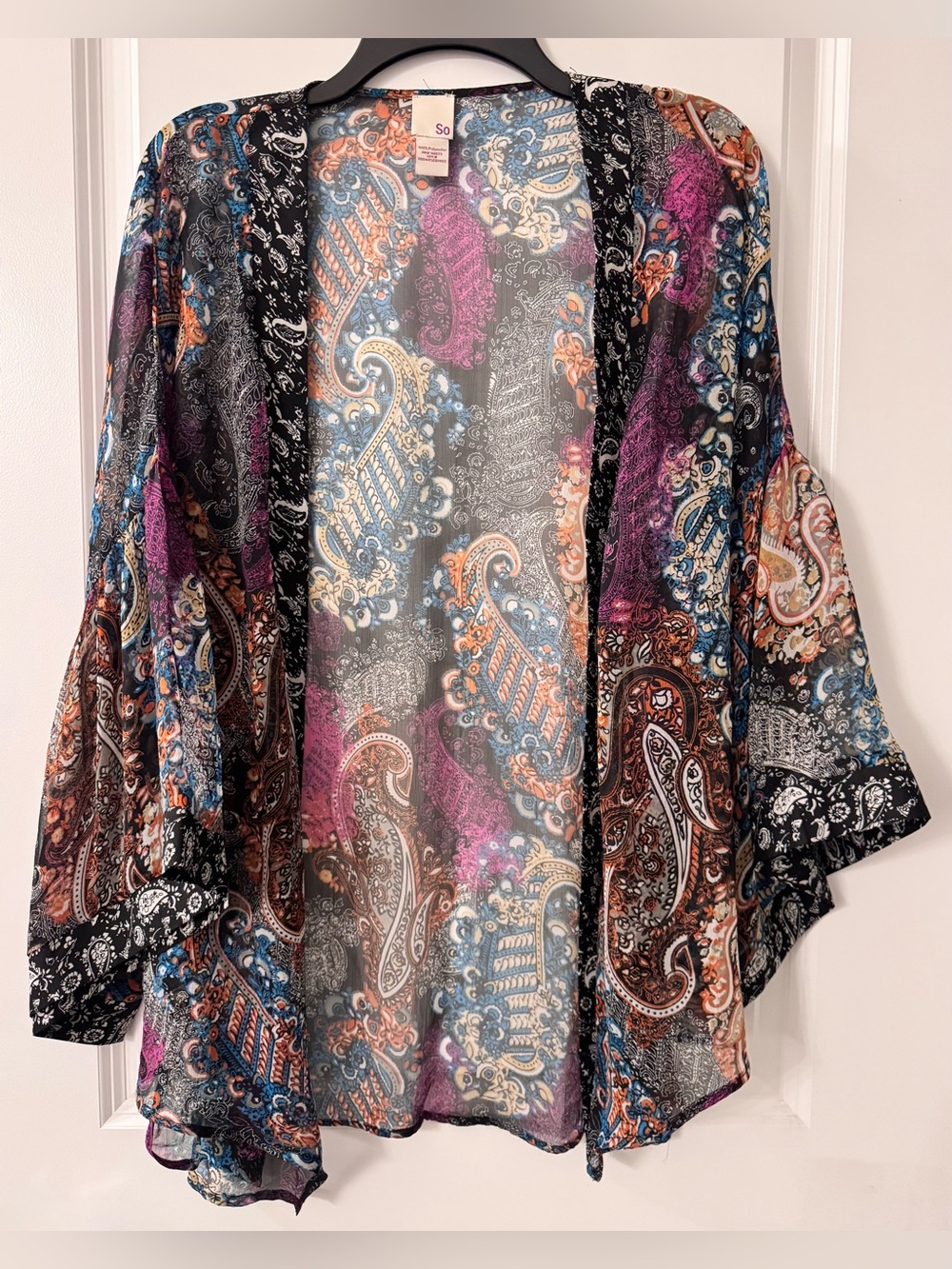 #z247 - So Brand Boho Multi-Color Paisley Chiffon Open Front Kimono Bell Sleeves